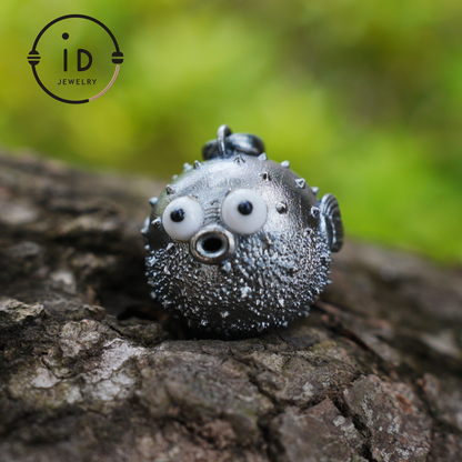 Whimsical Pufferfish Pendant in Sterling Silver – Emotional Support Charm – Cute Ocean Totem Necklace – Turquoise & Onyx Eyes – Healing Gift Idea