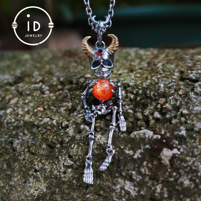 Silver Skeleton Pendant with Sunstone Sphere and Brass Horns, Gothic Totem Jewelry for Halloween or as a Mystical Gift