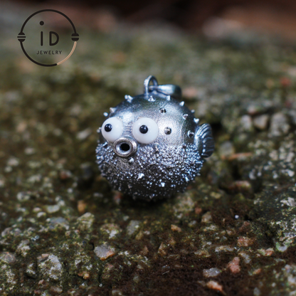 Whimsical Pufferfish Pendant in Sterling Silver – Emotional Support Charm – Cute Ocean Totem Necklace – Turquoise & Onyx Eyes – Healing Gift Idea