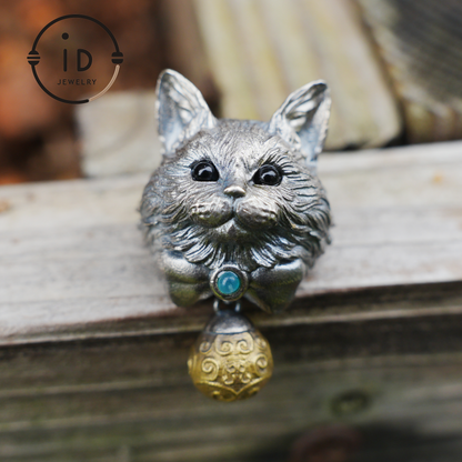 Mystic Cat Pendant with Bell, Emotional Protection Talisman, Handcrafted Animal Jewelry, Fantasy Totem Gift for Empaths and Dreamers