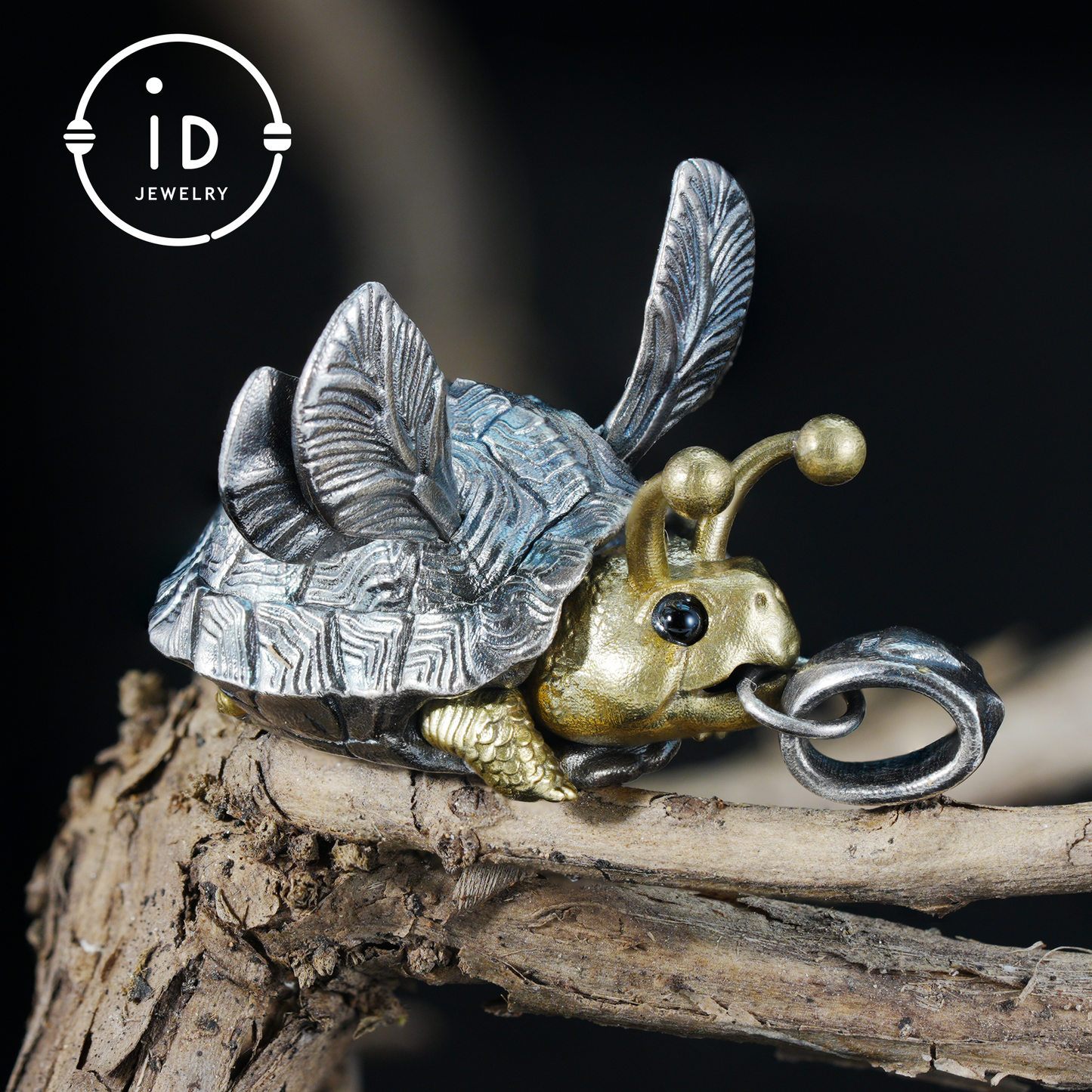 Flying Turtle Pendant · Handmade Fantasy Jewelry in Silver & Brass · Animal Amulet Gift for Nature Lovers and Whimsical Souls