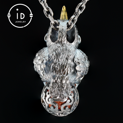Sunstone parrot pendant made of 925 silver and bronze, hand-carved cute necklace with crystal orb, fairytale gift for her