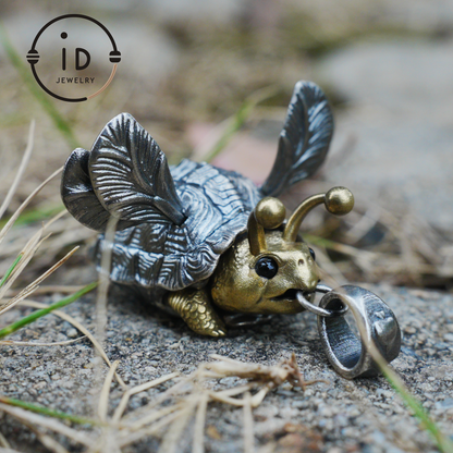 Flying Turtle Pendant · Handmade Fantasy Jewelry in Silver & Brass · Animal Amulet Gift for Nature Lovers and Whimsical Souls