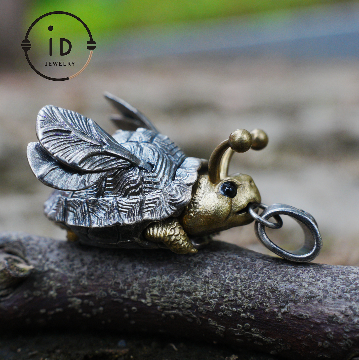 Flying Turtle Pendant · Handmade Fantasy Jewelry in Silver & Brass · Animal Amulet Gift for Nature Lovers and Whimsical Souls