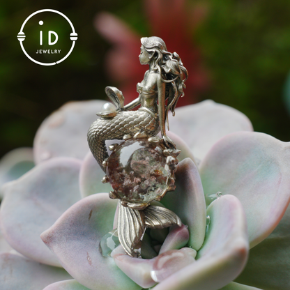 Mermaid Wish Talisman Pendant with Ghost Stone and Pearl, Fantasy Ocean Jewelry, Handcrafted Mythical Sea Spirit Amulet Necklace