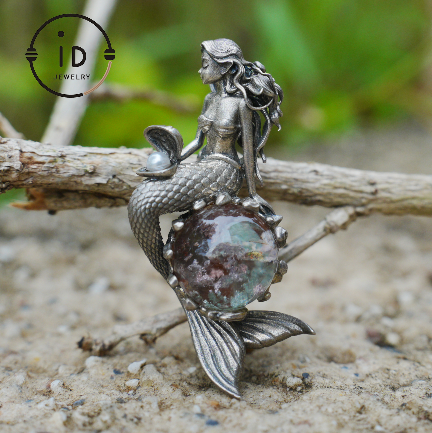 Mermaid Wish Talisman Pendant with Ghost Stone and Pearl, Fantasy Ocean Jewelry, Handcrafted Mythical Sea Spirit Amulet Necklace