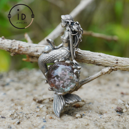 Mermaid Wish Talisman Pendant with Ghost Stone and Pearl, Fantasy Ocean Jewelry, Handcrafted Mythical Sea Spirit Amulet Necklace