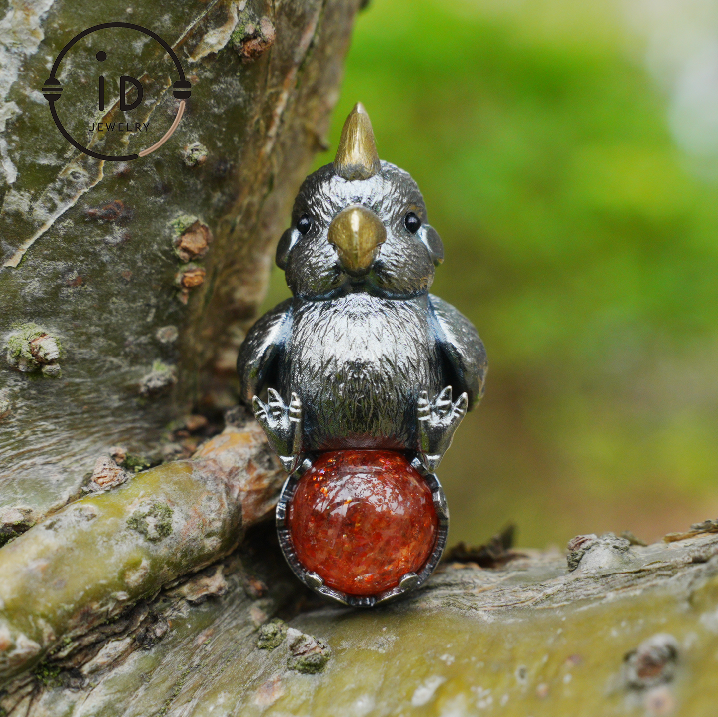 Sunstone parrot pendant made of 925 silver and bronze, hand-carved cute necklace with crystal orb, fairytale gift for her