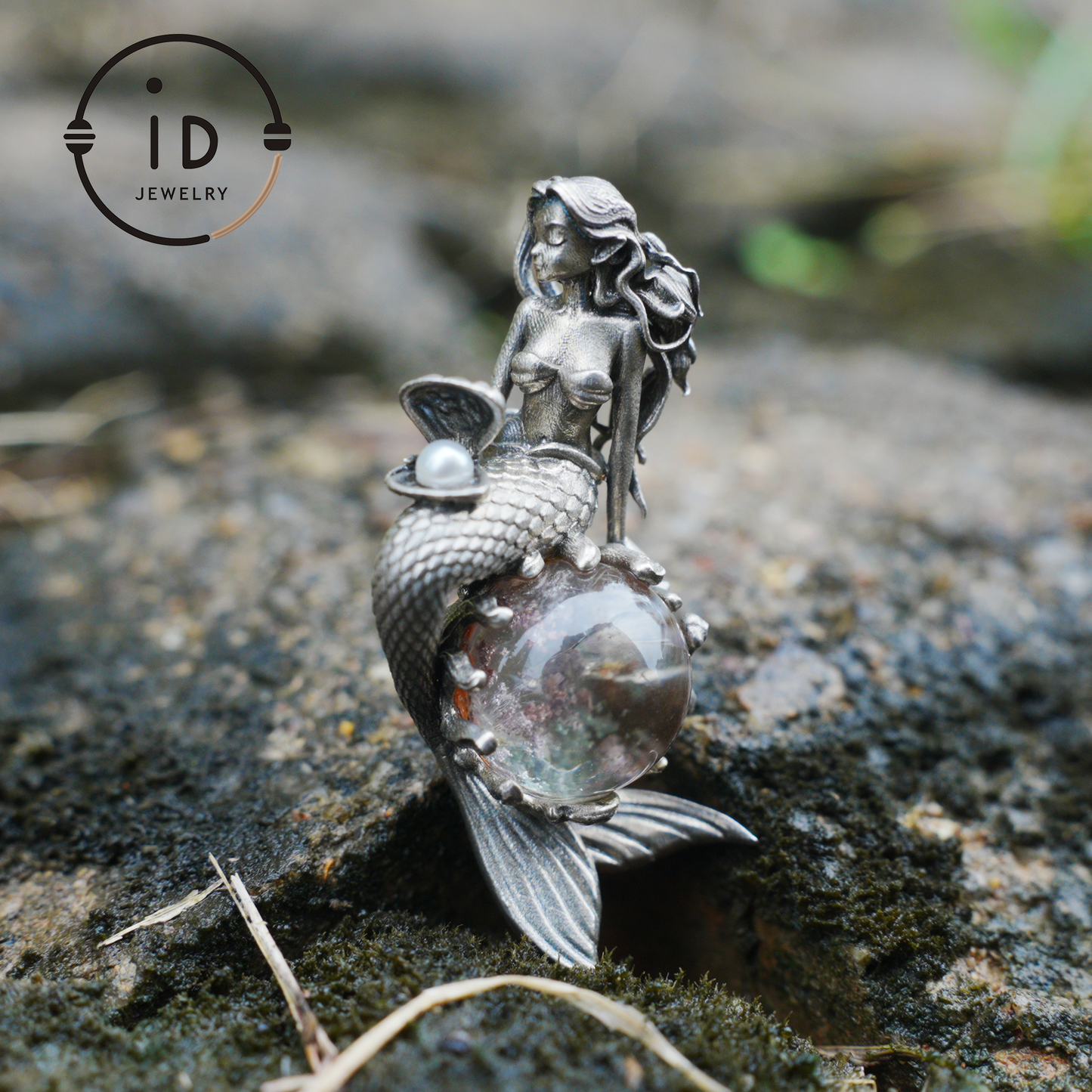 Mermaid Wish Talisman Pendant with Ghost Stone and Pearl, Fantasy Ocean Jewelry, Handcrafted Mythical Sea Spirit Amulet Necklace