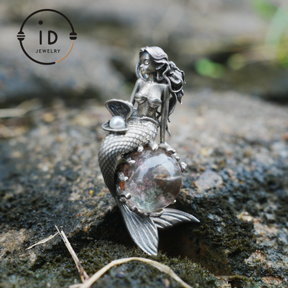 Mermaid Wish Talisman Pendant with Ghost Stone and Pearl, Fantasy Ocean Jewelry, Handcrafted Mythical Sea Spirit Amulet Necklace