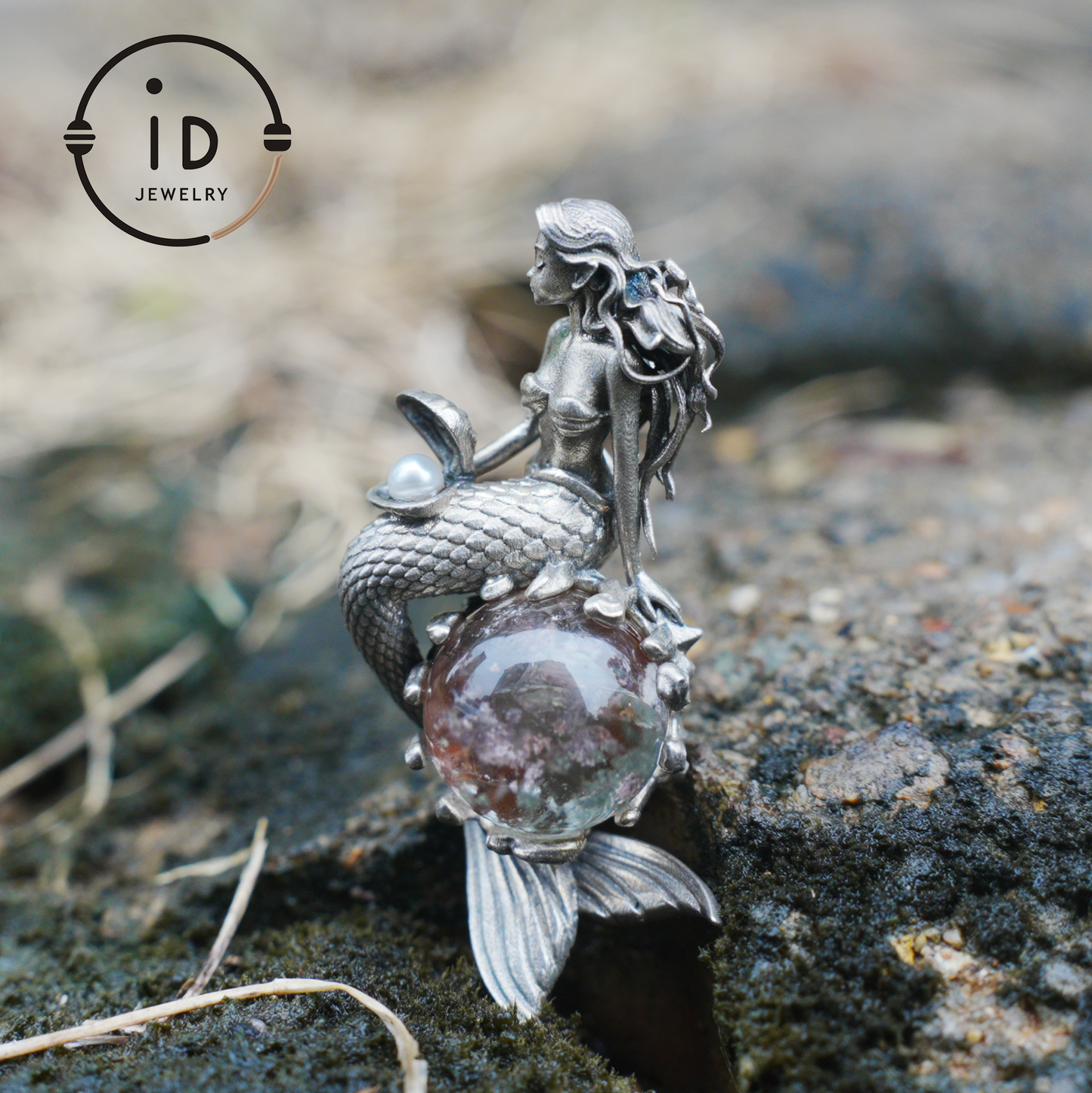 Mermaid Wish Talisman Pendant with Ghost Stone and Pearl, Fantasy Ocean Jewelry, Handcrafted Mythical Sea Spirit Amulet Necklace