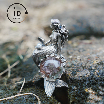 Mermaid Wish Talisman Pendant with Ghost Stone and Pearl, Fantasy Ocean Jewelry, Handcrafted Mythical Sea Spirit Amulet Necklace