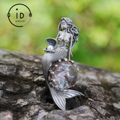 Mermaid Wish Talisman Pendant with Ghost Stone and Pearl, Fantasy Ocean Jewelry, Handcrafted Mythical Sea Spirit Amulet Necklace