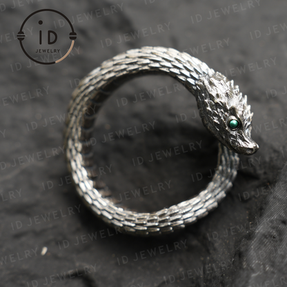 Mystic Snake Ring, Green Zircon, Dragon Scale Design, Handmade Fantasy Amulet Jewelry, For Collection & Gift