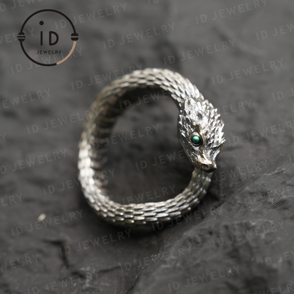 Mystic Snake Ring, Green Zircon, Dragon Scale Design, Handmade Fantasy Amulet Jewelry, For Collection & Gift