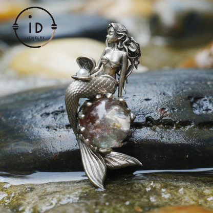 Mermaid Wish Talisman Pendant with Ghost Stone and Pearl, Fantasy Ocean Jewelry, Handcrafted Mythical Sea Spirit Amulet Necklace