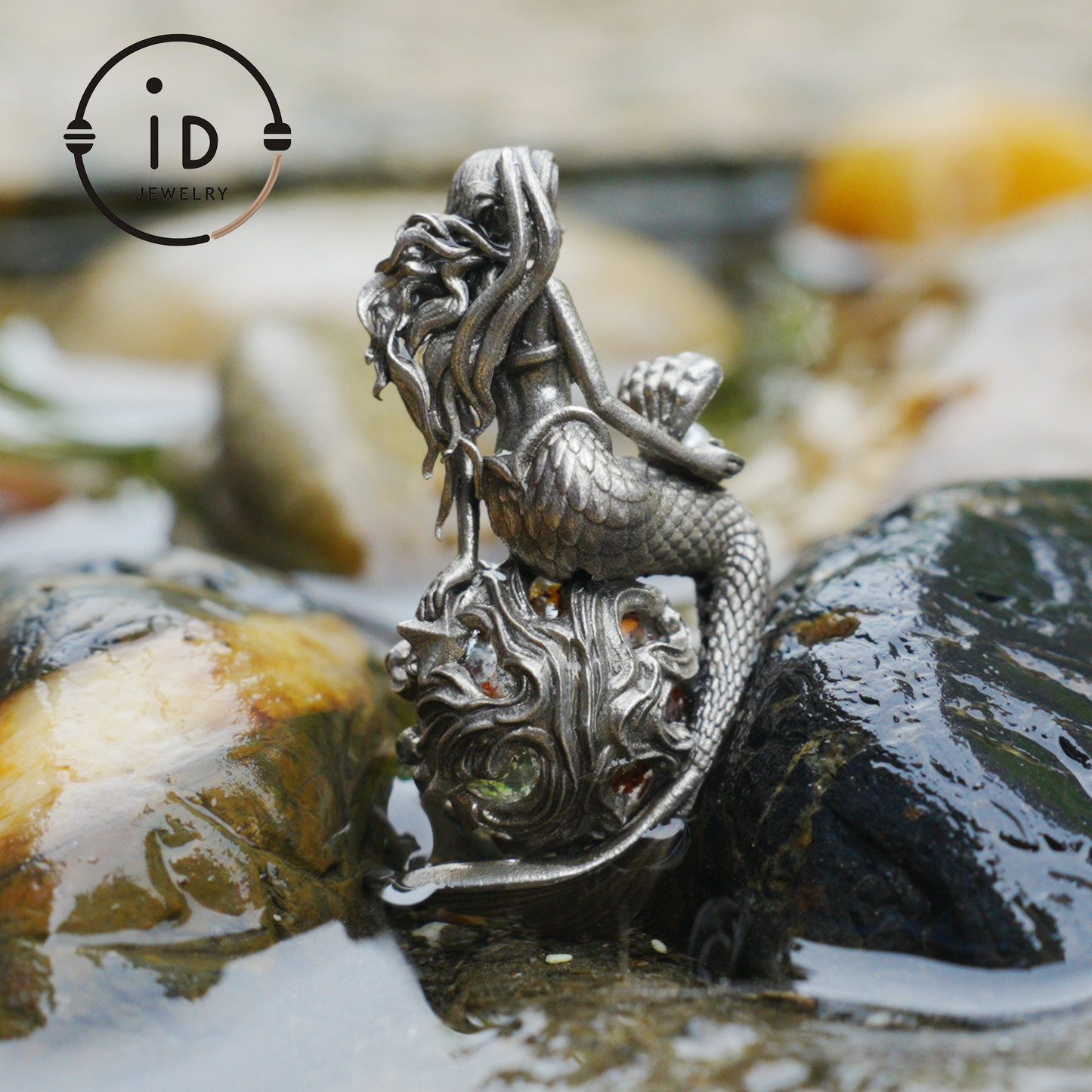 Mermaid Wish Talisman Pendant with Ghost Stone and Pearl, Fantasy Ocean Jewelry, Handcrafted Mythical Sea Spirit Amulet Necklace