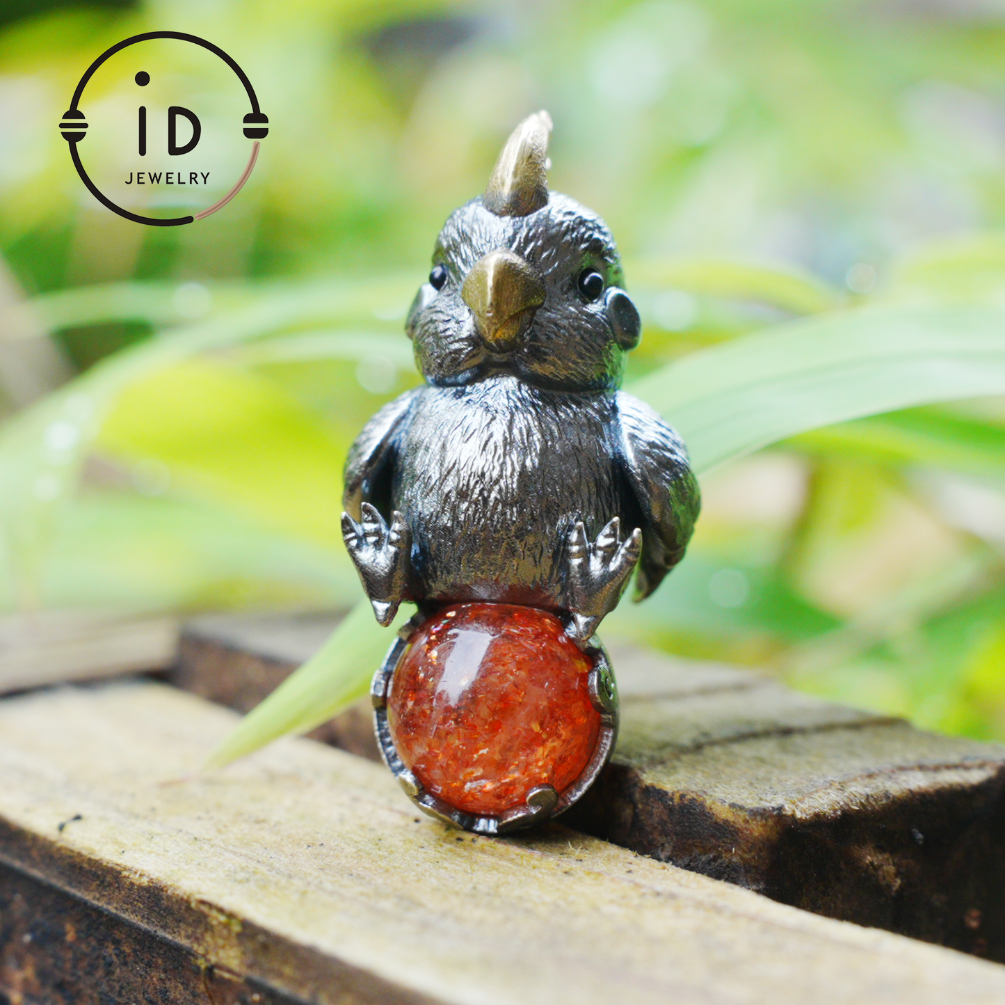 Sunstone parrot pendant made of 925 silver and bronze, hand-carved cute necklace with crystal orb, fairytale gift for her