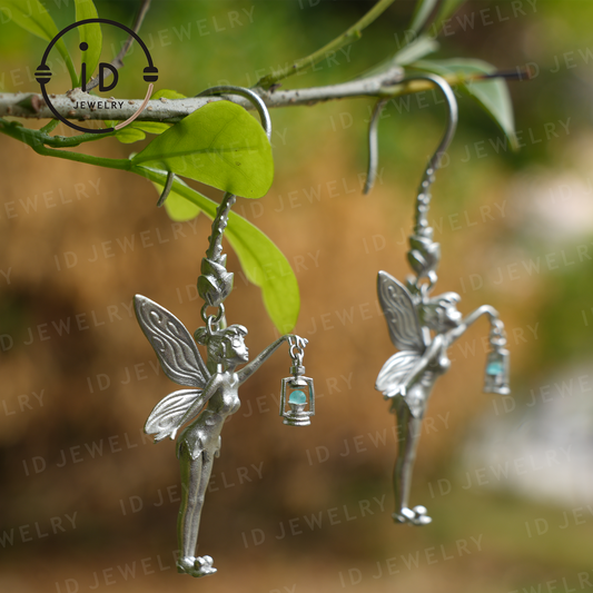 Mystic Fairy Earrings with Amazonite – Handmade Fantasy Jewelry, Elegant Wing Design, Magic Amulet for Dreamers and Collectors