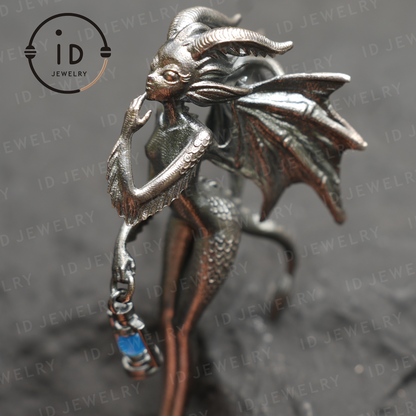 Dragon Girl Holding Lantern | Dragon-Themed Pendant in Hand-Carved Silver | A Fantasy Necklace for Your Inner Journey