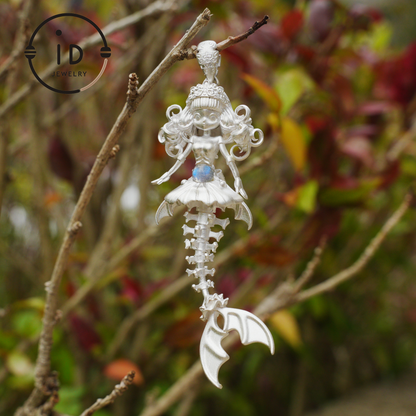 Hand-Carved Mermaid Skeleton Pendant Necklace | Mermaid Bones + Labradorite Flash | Handmade 925 Sterling Silver Amulet Ocean-Theme Necklace