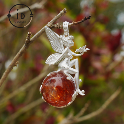 Fairy Pendant Necklace in 925 Sterling Silver with Moss Quartz | Handmade Fantasy Jewelry with Nature Spirit Elf Design | Mystical Keepsake Gift for Adults