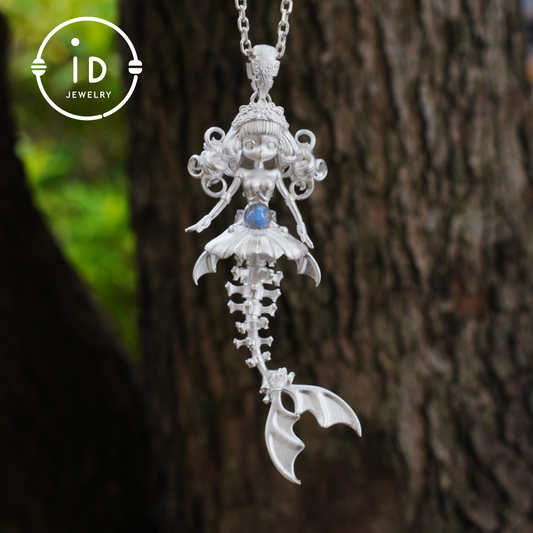 Hand-Carved Mermaid Skeleton Pendant Necklace | Mermaid Bones + Labradorite Flash | Handmade 925 Sterling Silver Amulet Ocean-Theme Necklace