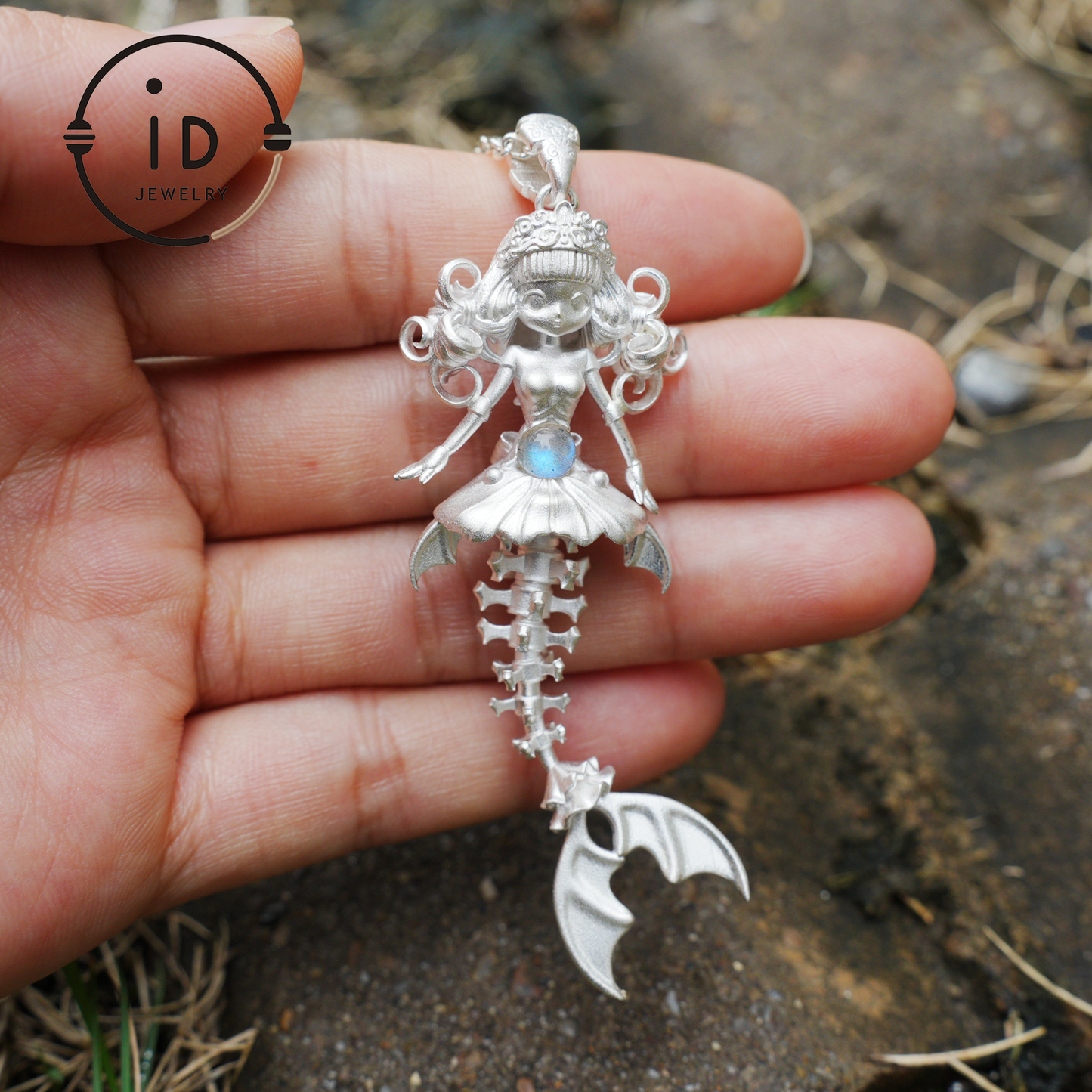 Hand-Carved Mermaid Skeleton Pendant Necklace | Mermaid Bones + Labradorite Flash | Handmade 925 Sterling Silver Amulet Ocean-Theme Necklace