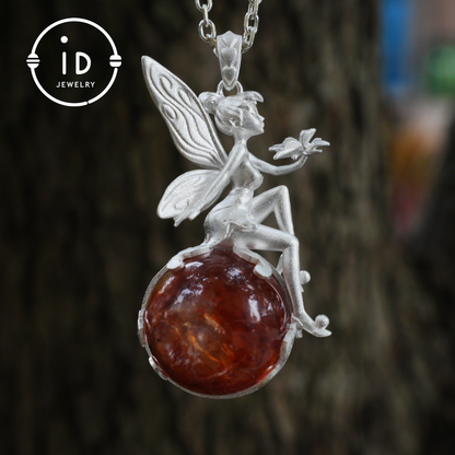 Fairy Pendant Necklace in 925 Sterling Silver with Moss Quartz | Handmade Fantasy Jewelry with Nature Spirit Elf Design | Mystical Keepsake Gift for Adults