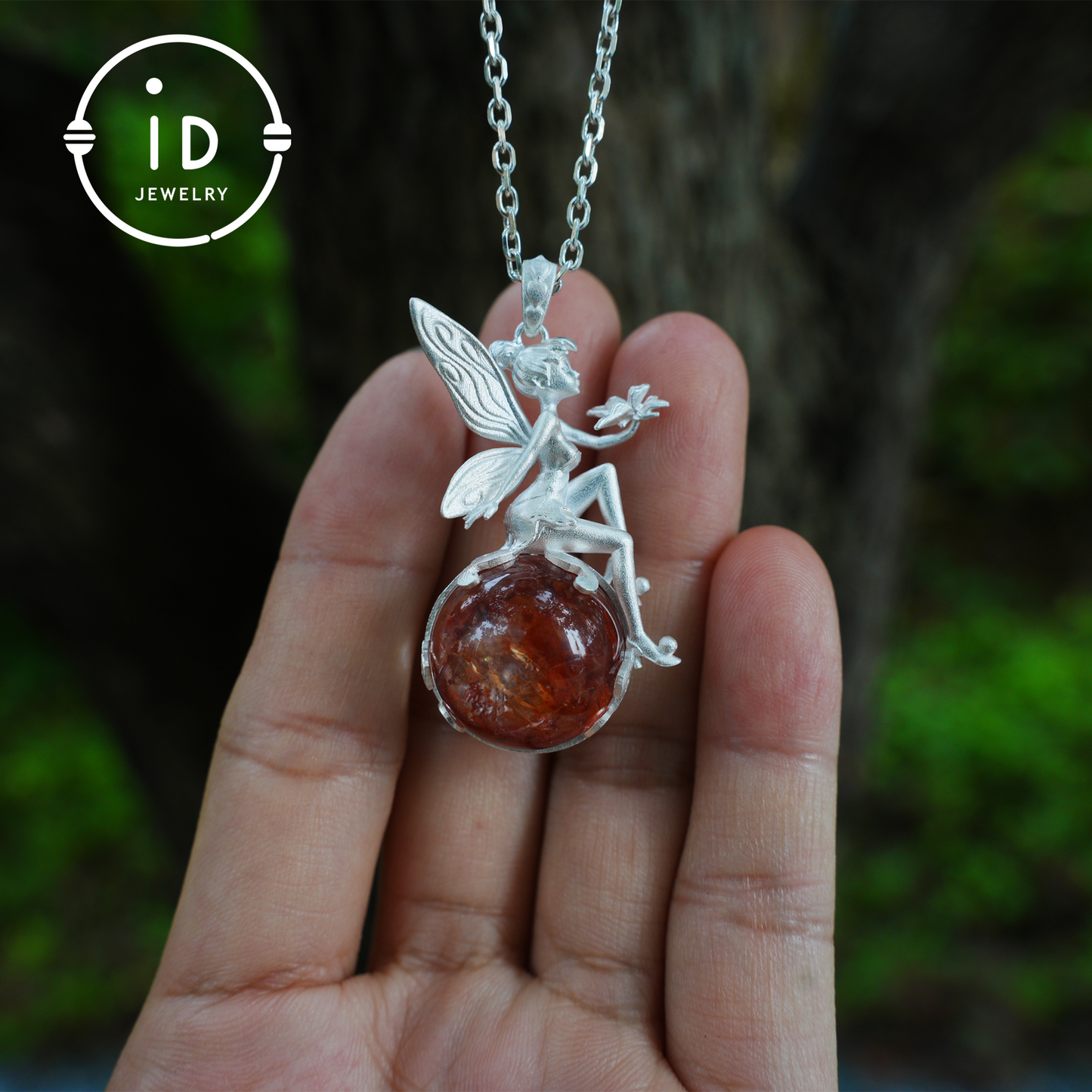 Fairy Pendant Necklace in 925 Sterling Silver with Moss Quartz | Handmade Fantasy Jewelry with Nature Spirit Elf Design | Mystical Keepsake Gift for Adults