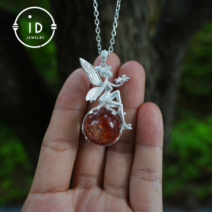 Fairy Pendant Necklace in 925 Sterling Silver with Moss Quartz | Handmade Fantasy Jewelry with Nature Spirit Elf Design | Mystical Keepsake Gift for Adults
