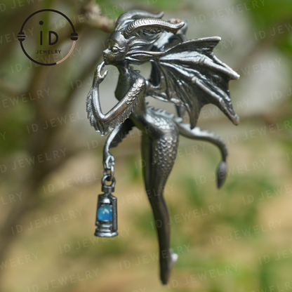 Dragon Girl Holding Lantern | Dragon-Themed Pendant in Hand-Carved Silver | A Fantasy Necklace for Your Inner Journey
