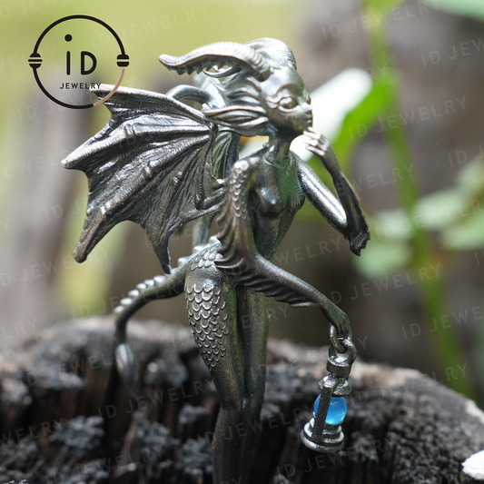 Dragon Girl Holding Lantern | Dragon-Themed Pendant in Hand-Carved Silver | A Fantasy Necklace for Your Inner Journey