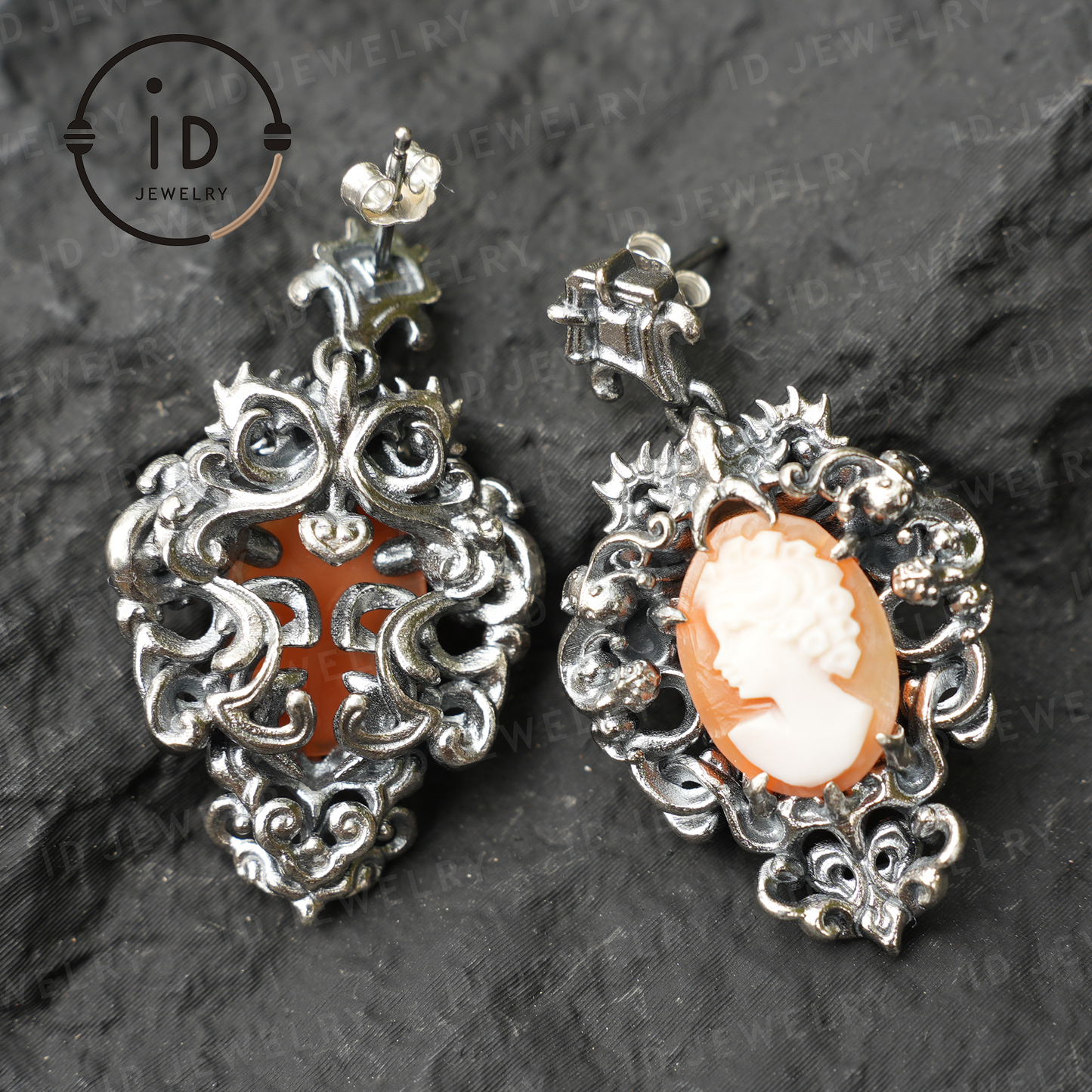 Vintage Cameo Earrings – Victorian Style Lady Profile Jewelry, Baroque Frame Design, Handmade Romantic Gothic Gift Earrings