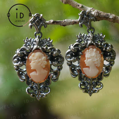 Vintage Cameo Earrings – Victorian Style Lady Profile Jewelry, Baroque Frame Design, Handmade Romantic Gothic Gift Earrings
