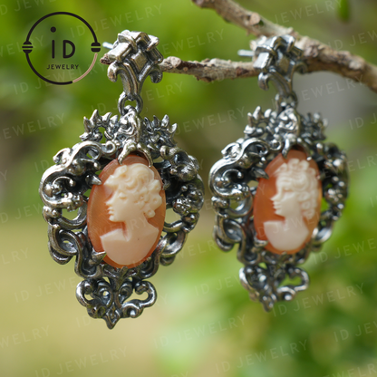 Vintage Cameo Earrings – Victorian Style Lady Profile Jewelry, Baroque Frame Design, Handmade Romantic Gothic Gift Earrings