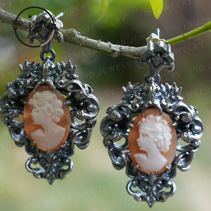 Vintage Cameo Earrings – Victorian Style Lady Profile Jewelry, Baroque Frame Design, Handmade Romantic Gothic Gift Earrings