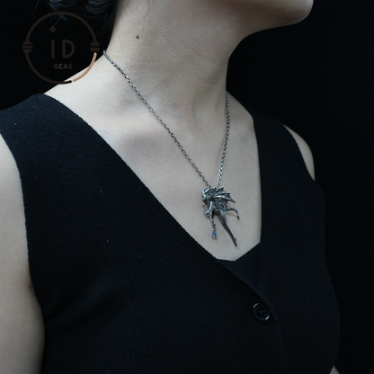 Dragon Girl Holding Lantern | Dragon-Themed Pendant in Hand-Carved Silver | A Fantasy Necklace for Your Inner Journey