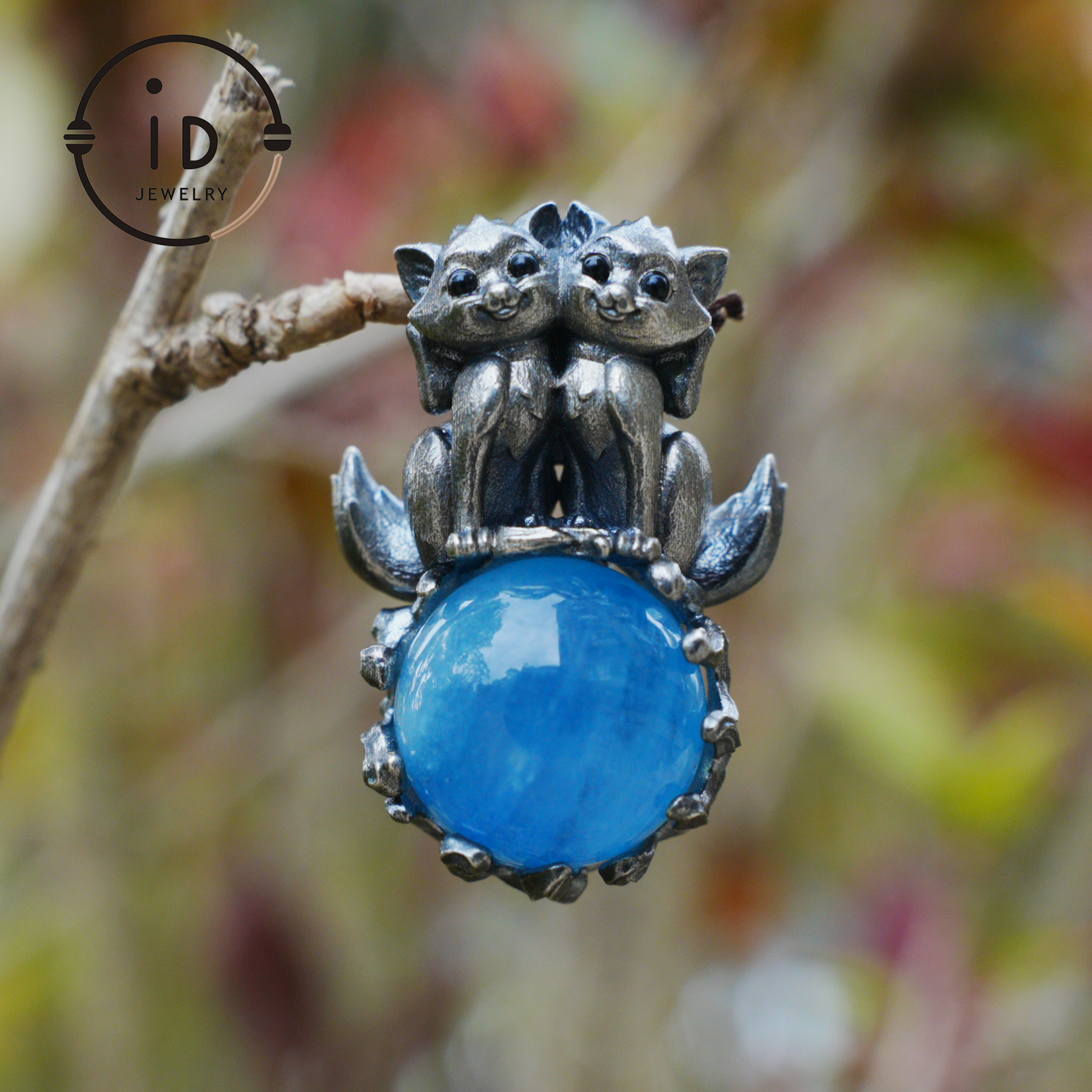 Fox Totem Pendant with Aquamarine, Fantasy Animal Amulet Necklace, Handcrafted Spirit Jewelry, Twin Guardian Design