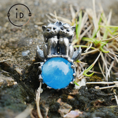Fox Totem Pendant with Aquamarine, Fantasy Animal Amulet Necklace, Handcrafted Spirit Jewelry, Twin Guardian Design