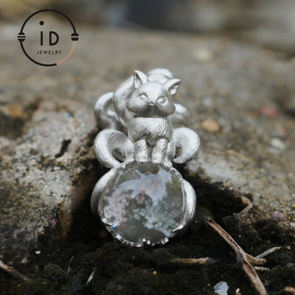 Fox Pendant with Ghost Quartz, Nine-Tailed Spirit Amulet, Handcrafted Fantasy Jewelry, Dreamy Forest Totem Necklace, Mythical Design