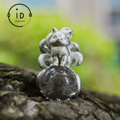 Fox Pendant with Ghost Quartz, Nine-Tailed Spirit Amulet, Handcrafted Fantasy Jewelry, Dreamy Forest Totem Necklace, Mythical Design
