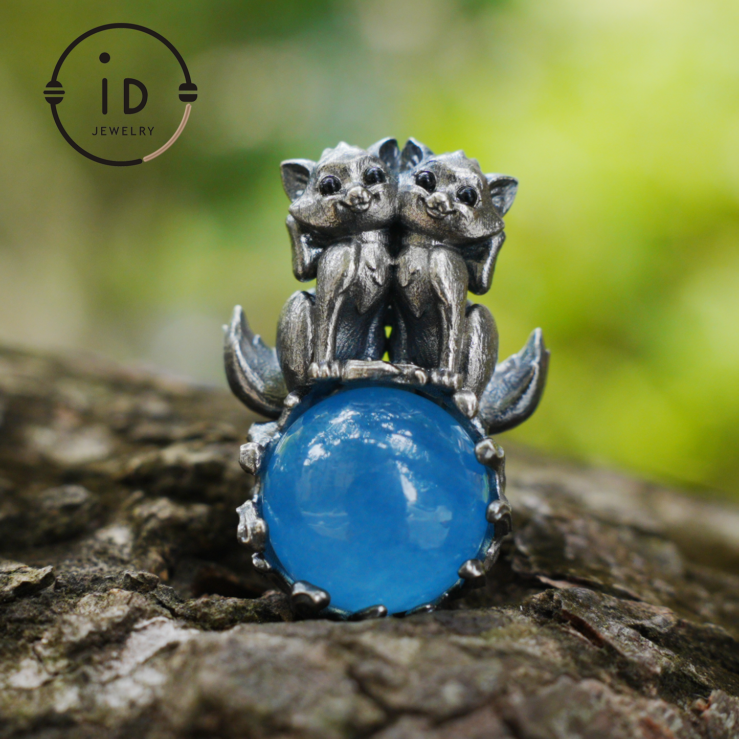 Fox Totem Pendant with Aquamarine, Fantasy Animal Amulet Necklace, Handcrafted Spirit Jewelry, Twin Guardian Design