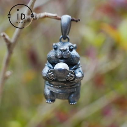 Hamster Pendant with Pearl, Whimsical Animal Totem Amulet, Handcrafted Fairy Tale Jewelry, Symbol of Care and Gentle Devotion
