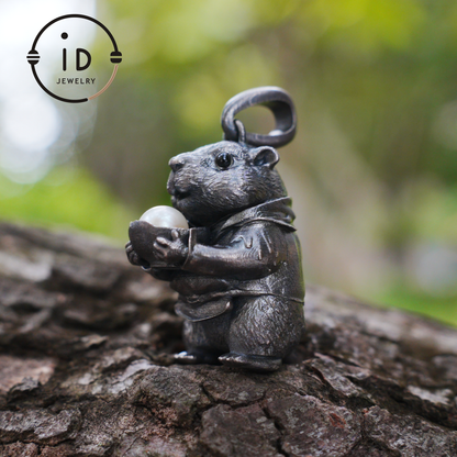 Hamster Pendant with Pearl, Whimsical Animal Totem Amulet, Handcrafted Fairy Tale Jewelry, Symbol of Care and Gentle Devotion