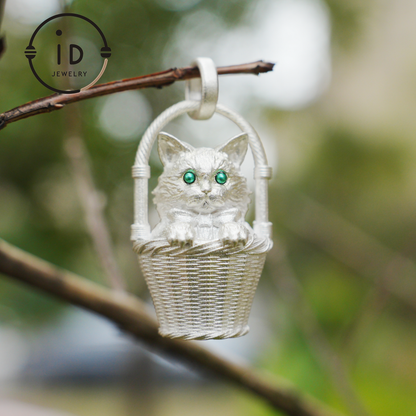 Handcrafted 925 Silver Kitten Pendant Necklace | Green-Eyed Cat Guardian | Lucky & Comfort Talisman Jewelry | Gift for Cat Lovers