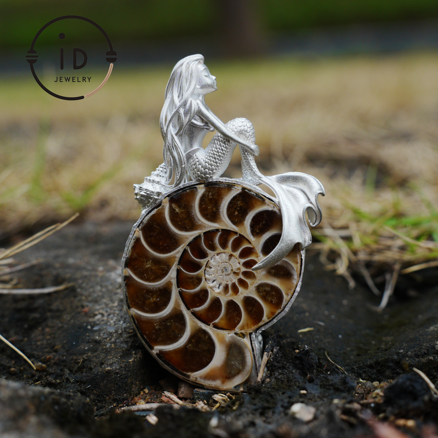 Mermaid Seashell Fossil Pendant, Handcrafted Ocean Goddess Amulet, Spiritual Protection Jewelry, Mythical Art Design, Siren Sea Gift