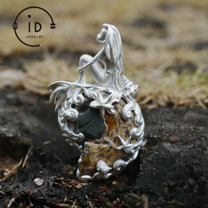 Mermaid Seashell Fossil Pendant, Handcrafted Ocean Goddess Amulet, Spiritual Protection Jewelry, Mythical Art Design, Siren Sea Gift