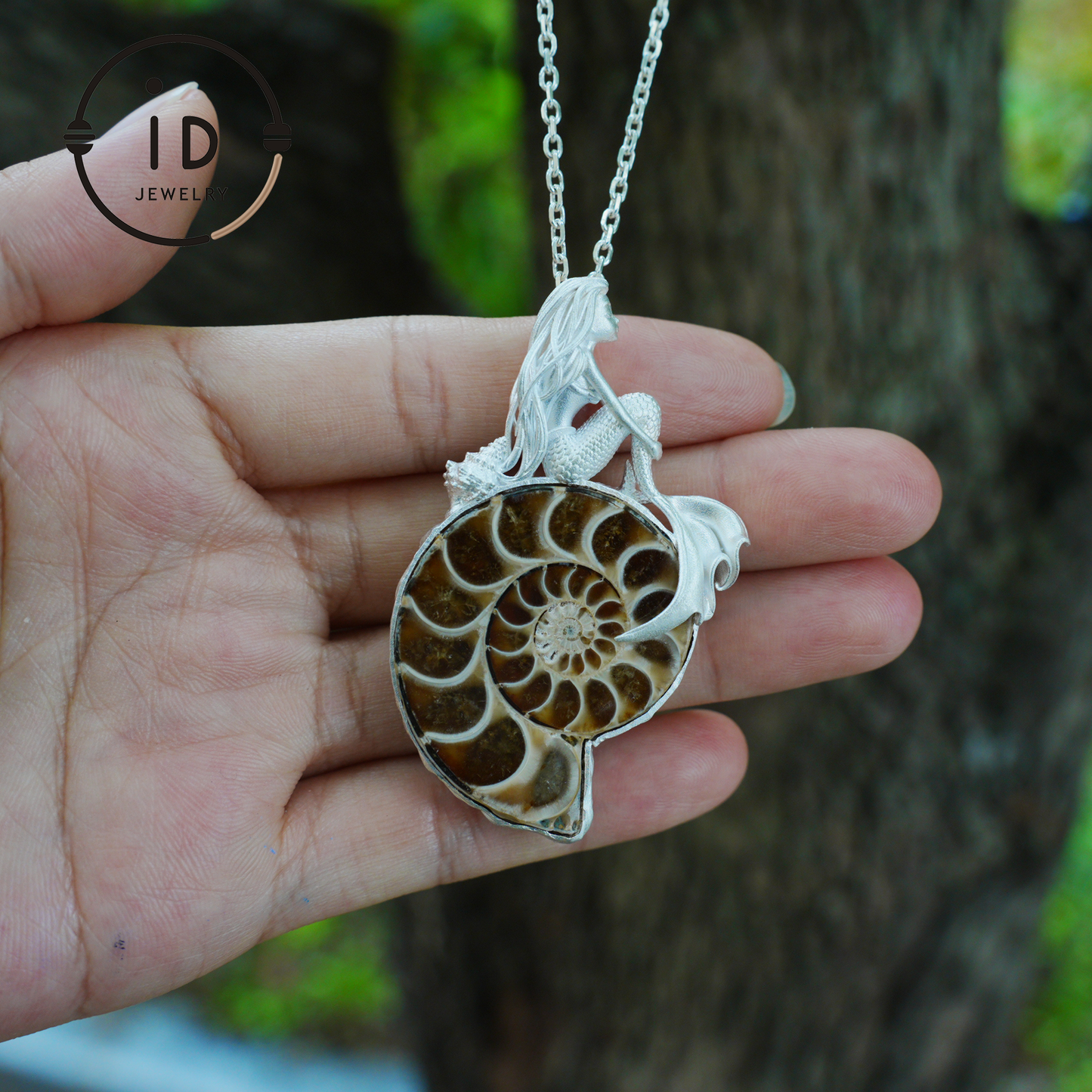 Mermaid Seashell Fossil Pendant, Handcrafted Ocean Goddess Amulet, Spiritual Protection Jewelry, Mythical Art Design, Siren Sea Gift