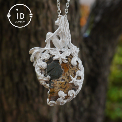 Mermaid Seashell Fossil Pendant, Handcrafted Ocean Goddess Amulet, Spiritual Protection Jewelry, Mythical Art Design, Siren Sea Gift